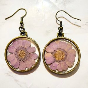 Purple Pressed Flower Resin Dangle Earrings